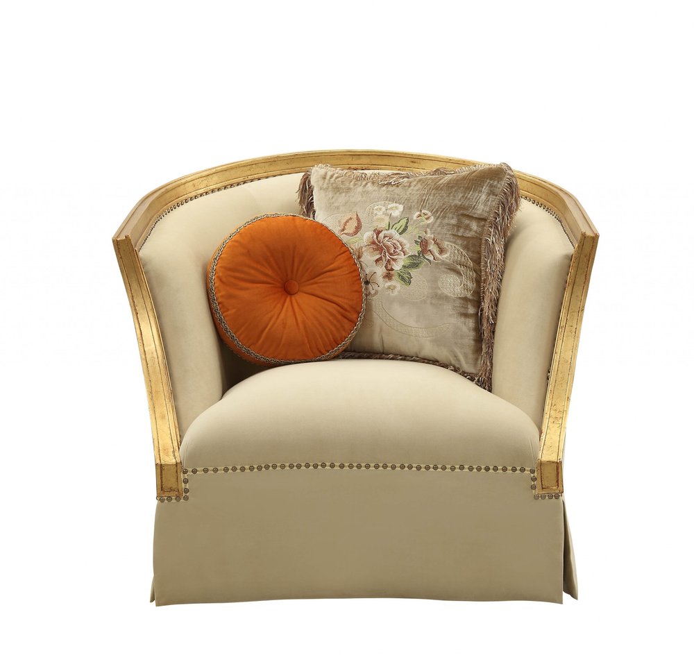 41" Tan and Gold Distressed Club Chair And Toss Pillows HomeRoots