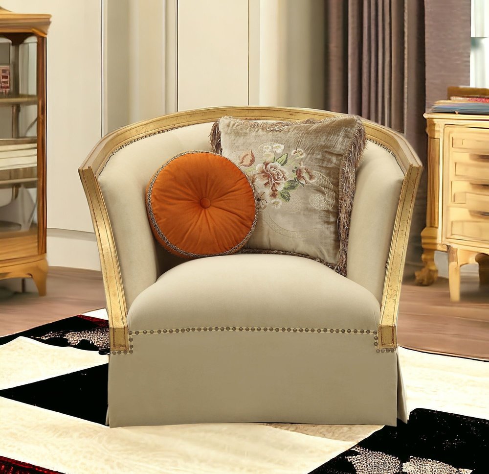 41" Tan and Gold Distressed Club Chair And Toss Pillows HomeRoots