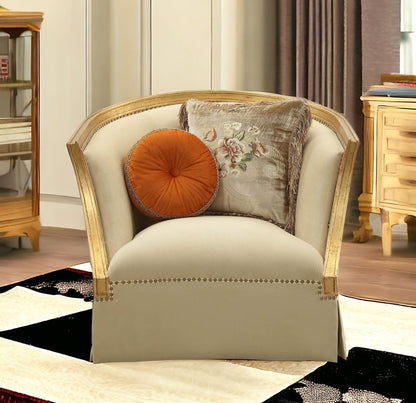 41" Tan and Gold Distressed Club Chair And Toss Pillows HomeRoots