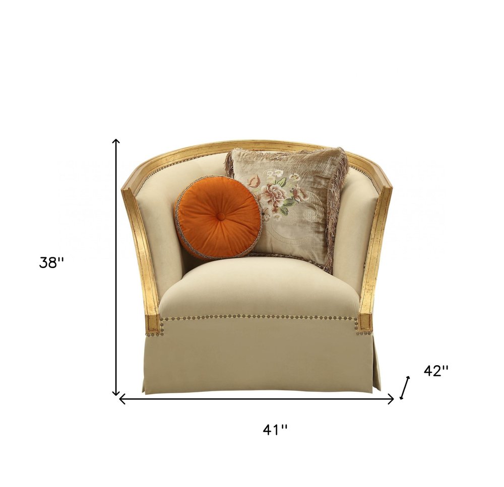 41" Tan and Gold Distressed Club Chair And Toss Pillows HomeRoots