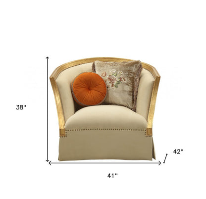 41" Tan and Gold Distressed Club Chair And Toss Pillows HomeRoots