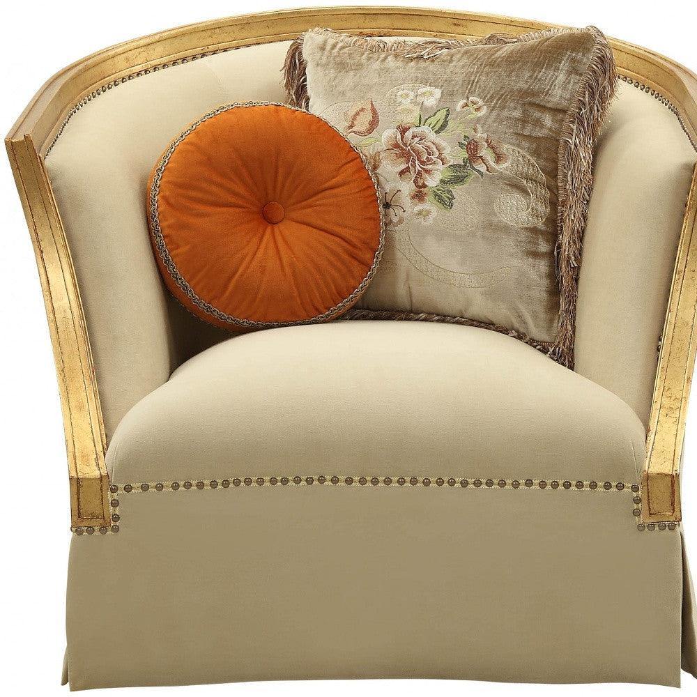 41" Tan and Gold Distressed Arm Chair and Toss Pillows - FurniFindUSA