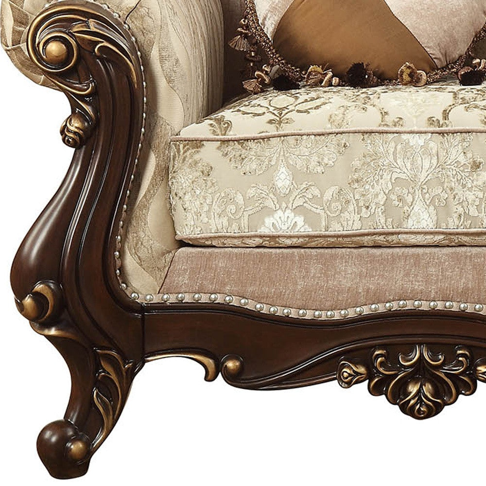 36" Beige And Brown Fabric Damask Tufted Chesterfield Chair