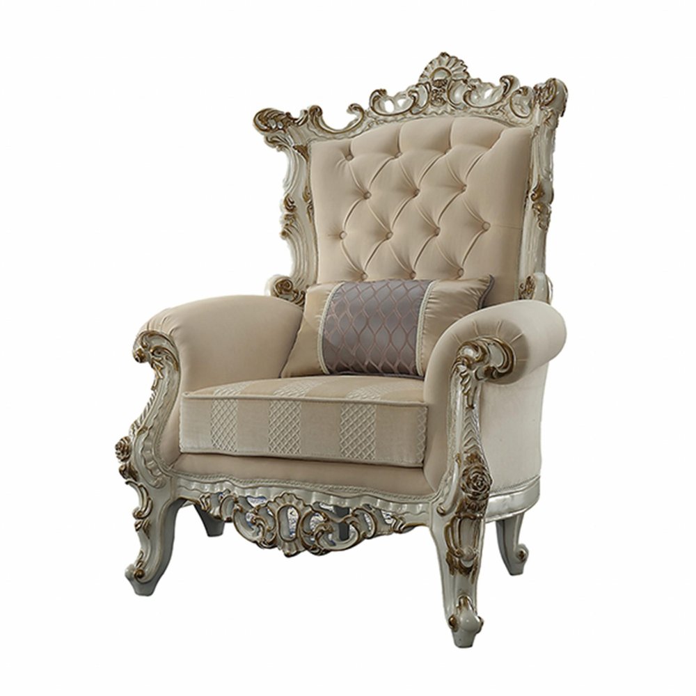 38" Pearl Fabric Striped Tufted Chesterfield Chair And Toss Pillow HomeRoots