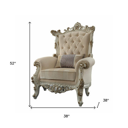 38" Pearl Fabric Striped Tufted Chesterfield Chair And Toss Pillow HomeRoots