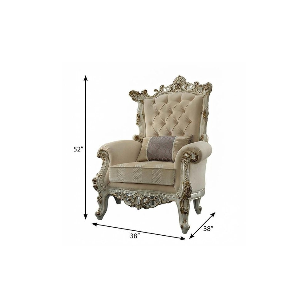 38" Pearl Fabric Striped Tufted Chesterfield Chair And Toss Pillow HomeRoots