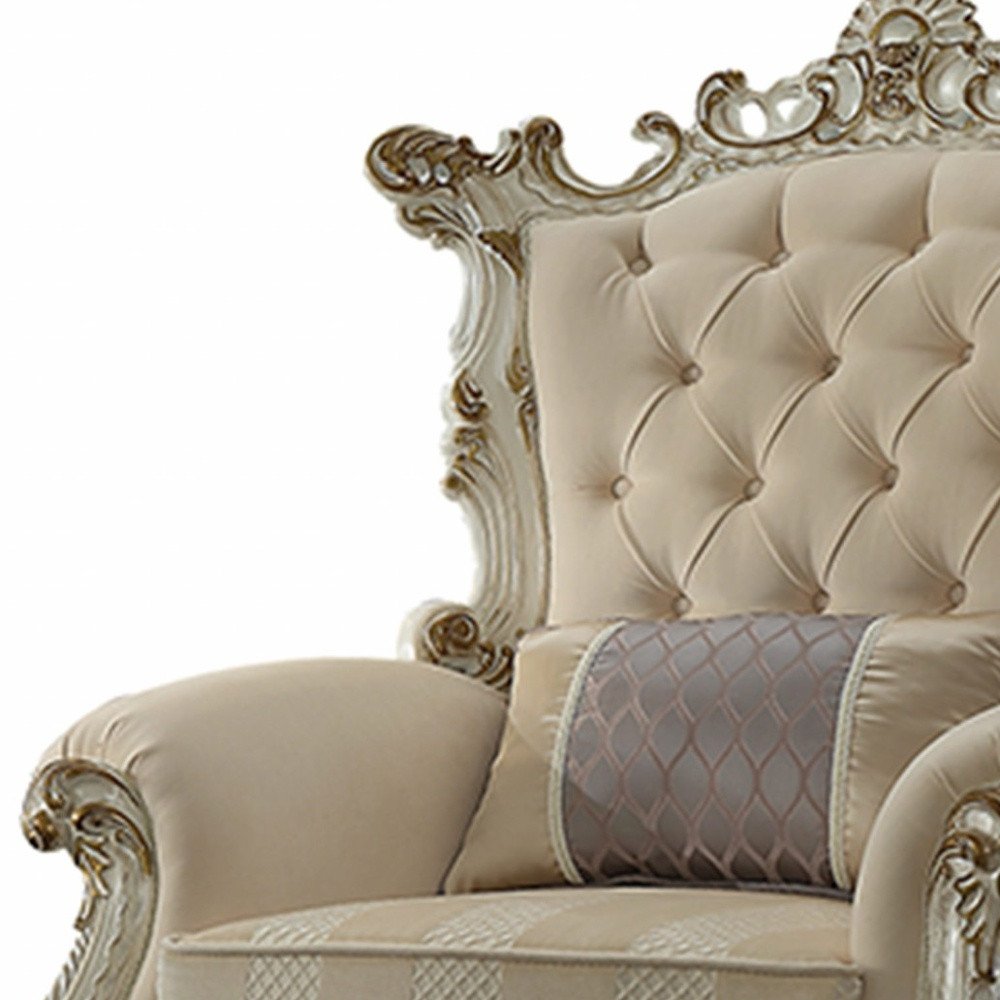 38" Pearl Fabric Striped Tufted Chesterfield Chair And Toss Pillow HomeRoots