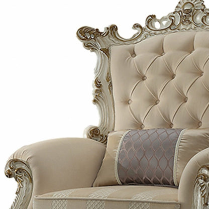 38" Pearl Fabric Striped Tufted Chesterfield Chair And Toss Pillow HomeRoots
