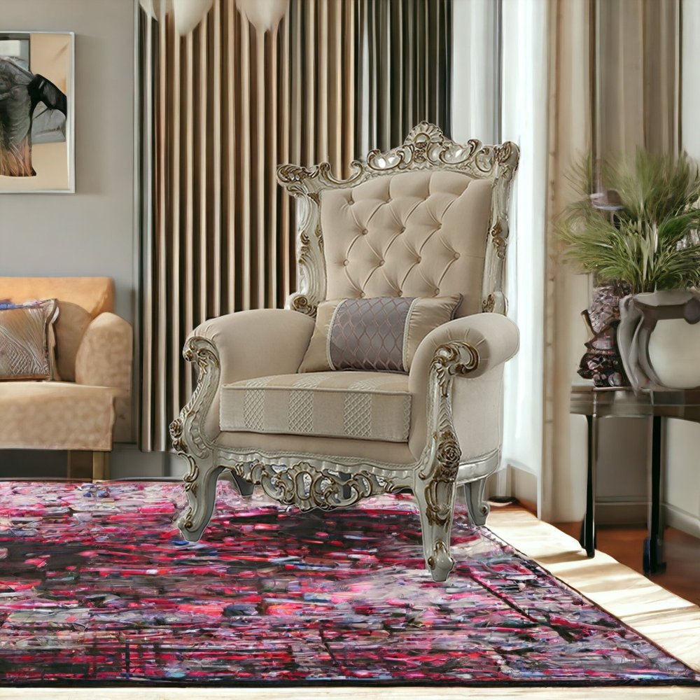 38" Pearl Fabric Striped Tufted Chesterfield Chair And Toss Pillow HomeRoots