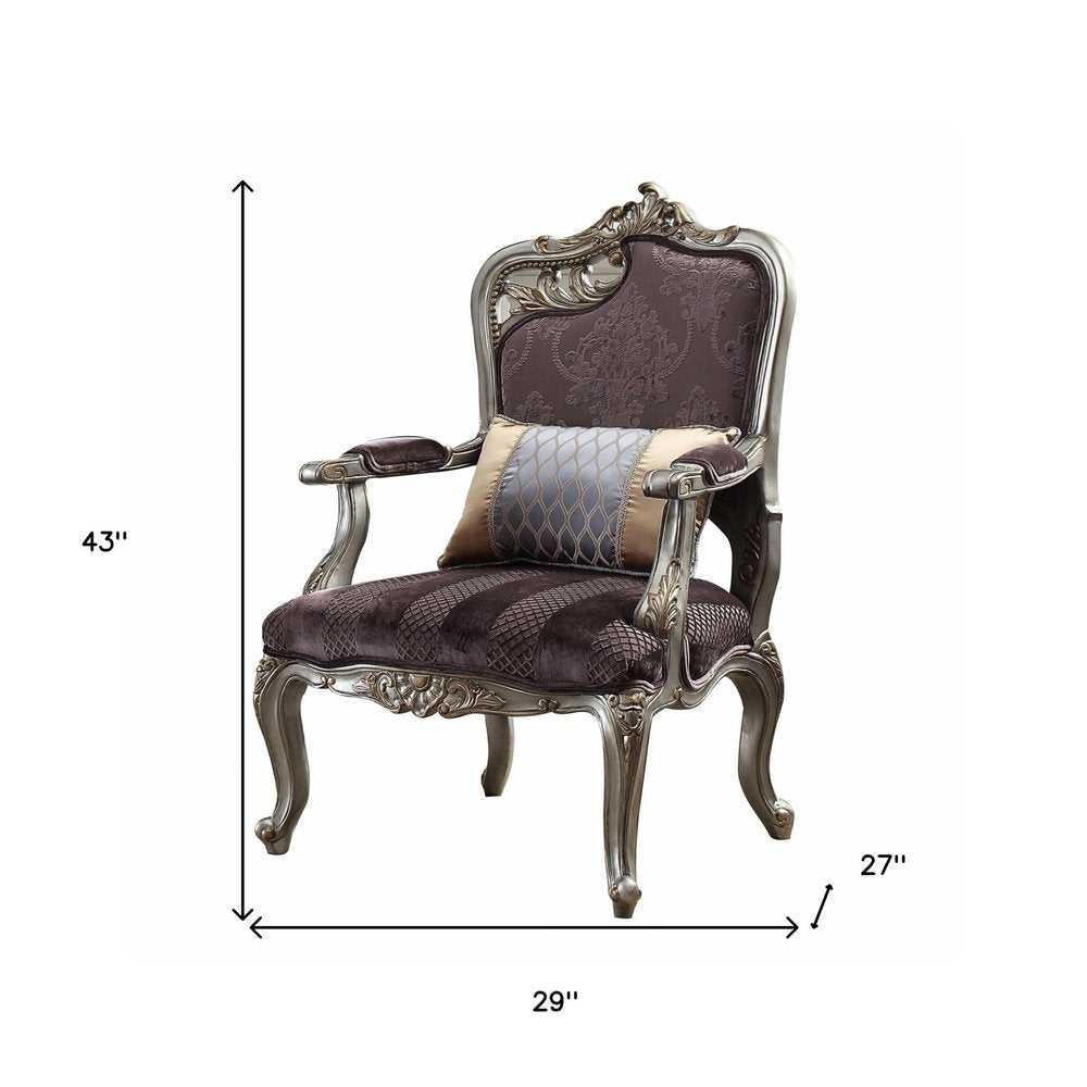 29" Purple and Platinum Velvet Floral Arm Chair And Toss Pillow HomeRoots