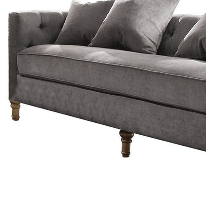 34" Gray Velvet Sofa And Toss Pillows With Brown Legs - FurniFindUSA