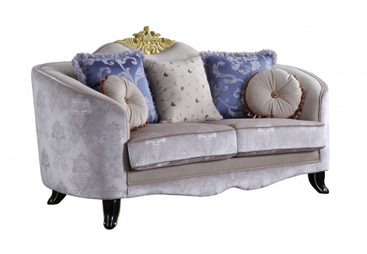 76" Cream And Black Velvet Damask Chesterfield Loveseat - FurniFindUSA