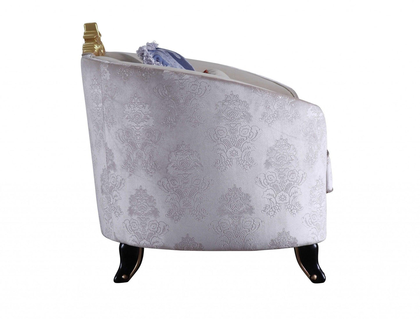 38" Cream And Black Velvet Damask Barrel Chair - FurniFindUSA