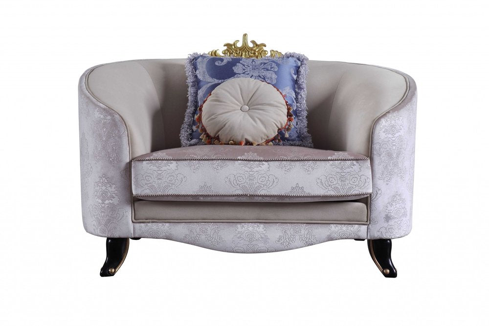38" Cream and Black Velvet Damask Barrel Chair And Toss Pillows HomeRoots