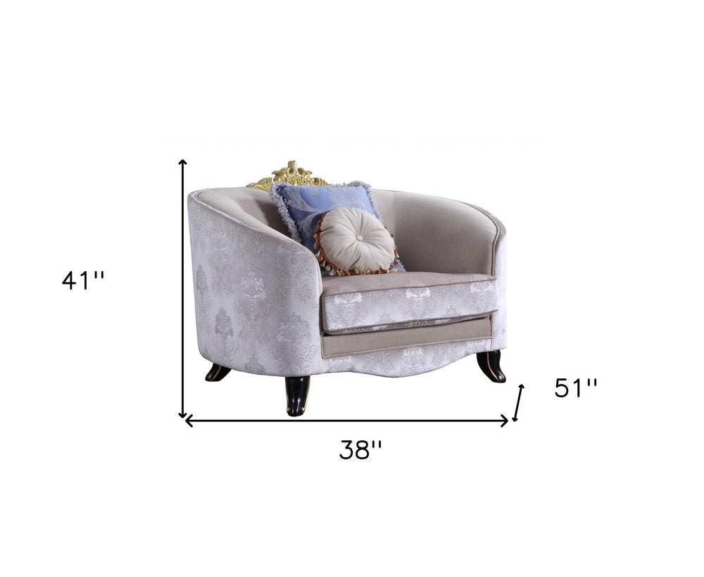 38" Cream and Black Velvet Damask Barrel Chair And Toss Pillows HomeRoots