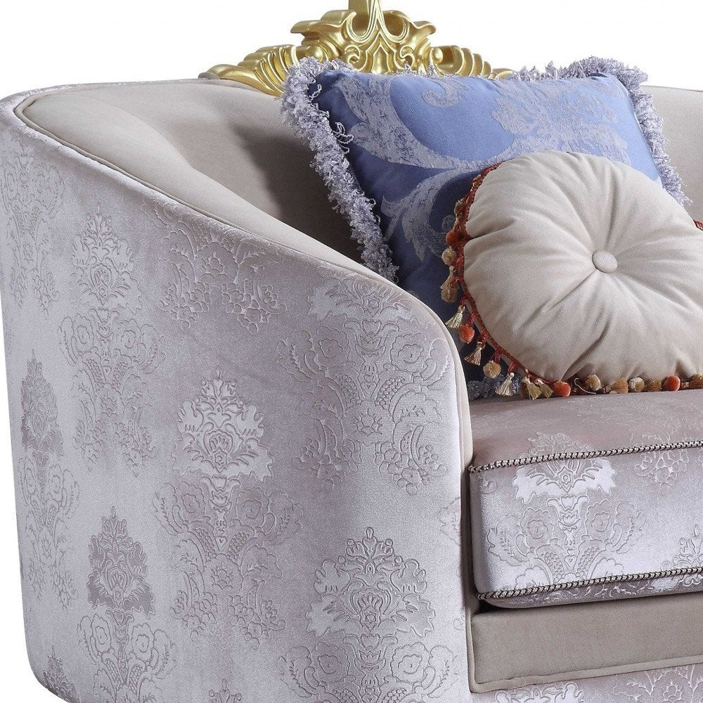 38" Cream and Black Velvet Damask Barrel Chair And Toss Pillows HomeRoots