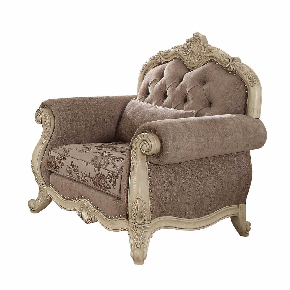 35" Gray and Antiqued White Fabric Floral Tufted Chesterfield Chair And Toss Pillow HomeRoots