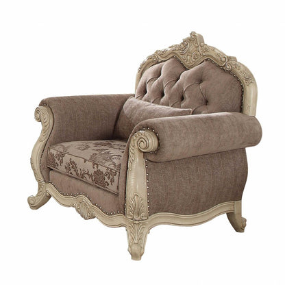 35" Gray and Antiqued White Fabric Floral Tufted Chesterfield Chair And Toss Pillow HomeRoots