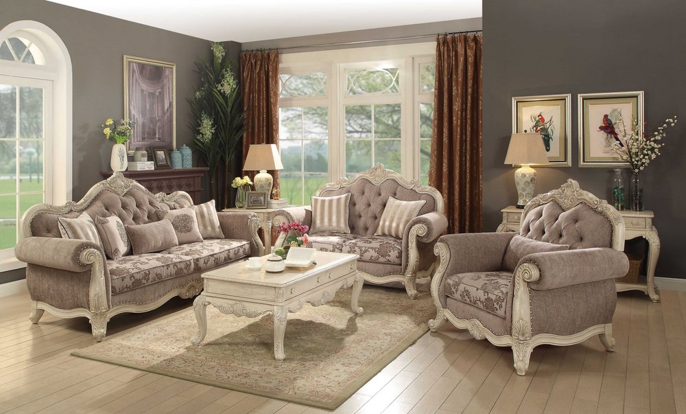 35" Gray and Antiqued White Fabric Floral Tufted Chesterfield Chair And Toss Pillow HomeRoots