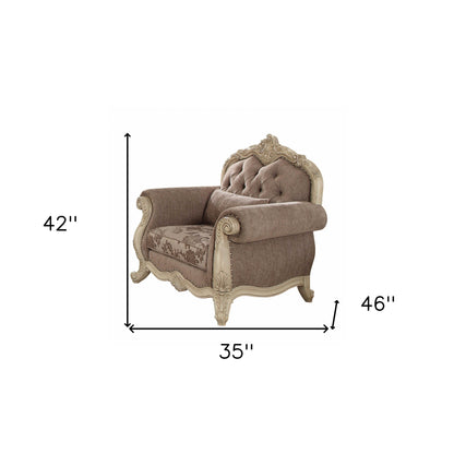 35" Brown and Champagne Linen Damask Tufted Arm Chair and Toss Pillow - FurniFindUSA