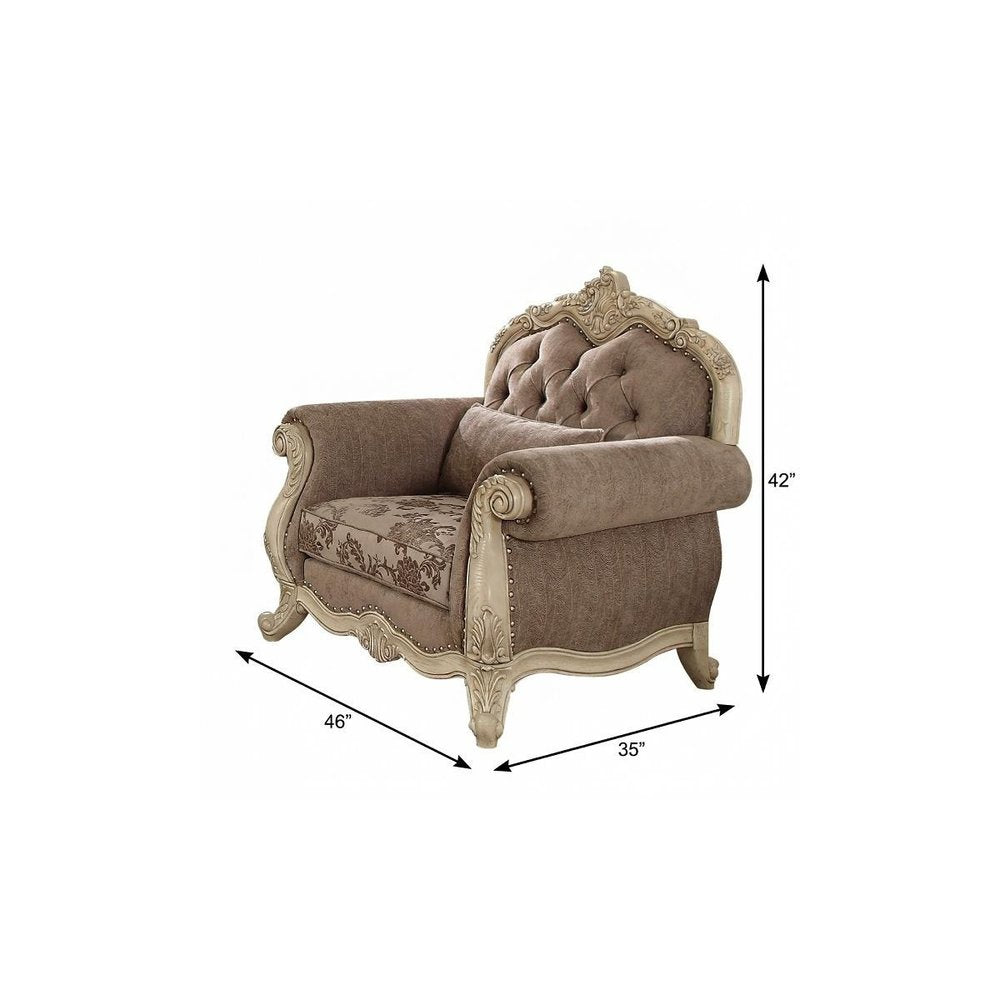 35" Gray and Antiqued White Fabric Floral Tufted Chesterfield Chair And Toss Pillow HomeRoots