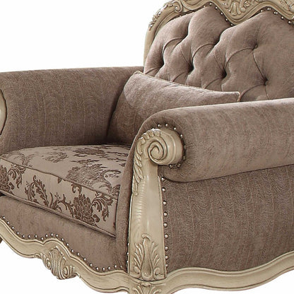 35" Brown and Champagne Linen Damask Tufted Arm Chair and Toss Pillow - FurniFindUSA