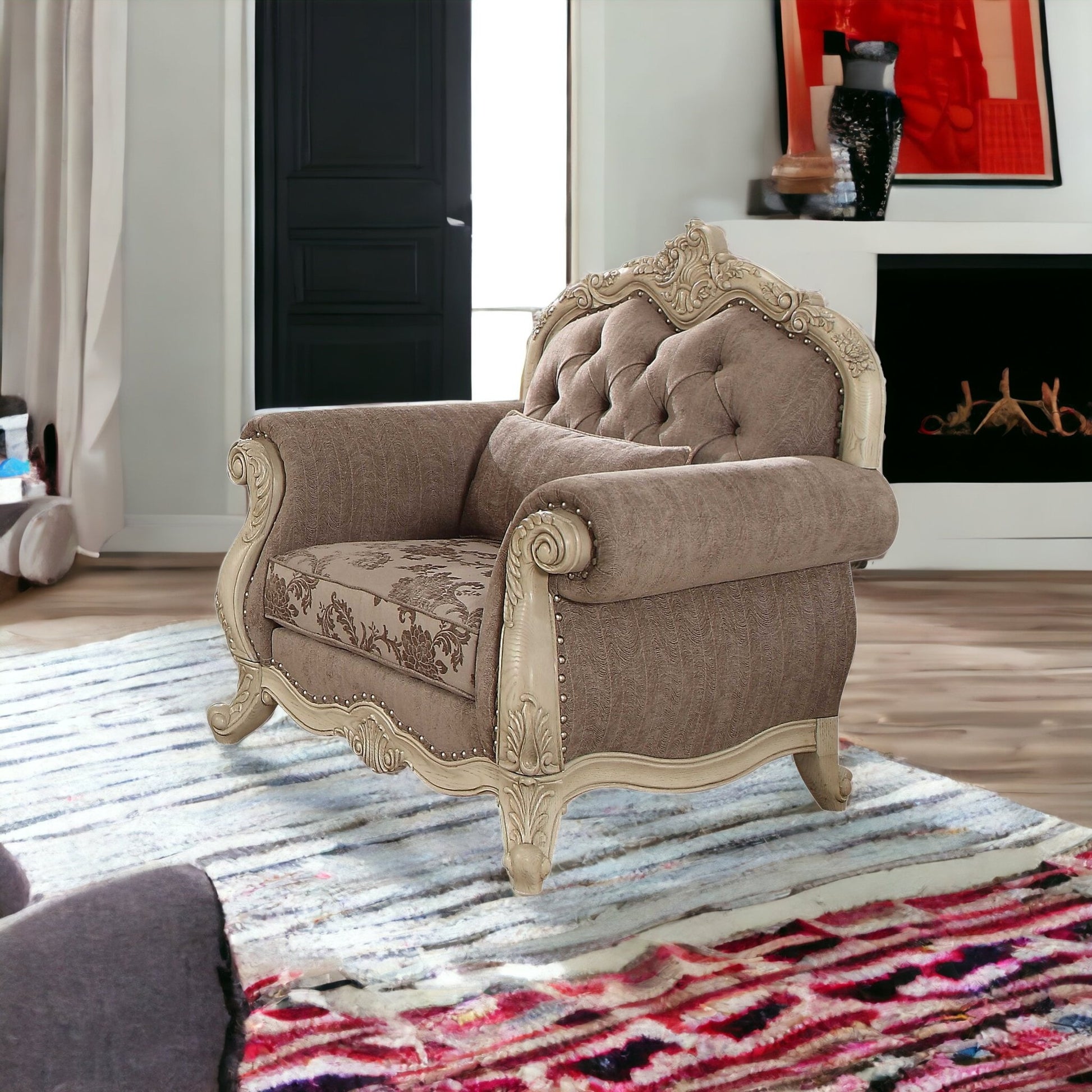 35" Brown and Champagne Linen Damask Tufted Arm Chair and Toss Pillow - FurniFindUSA