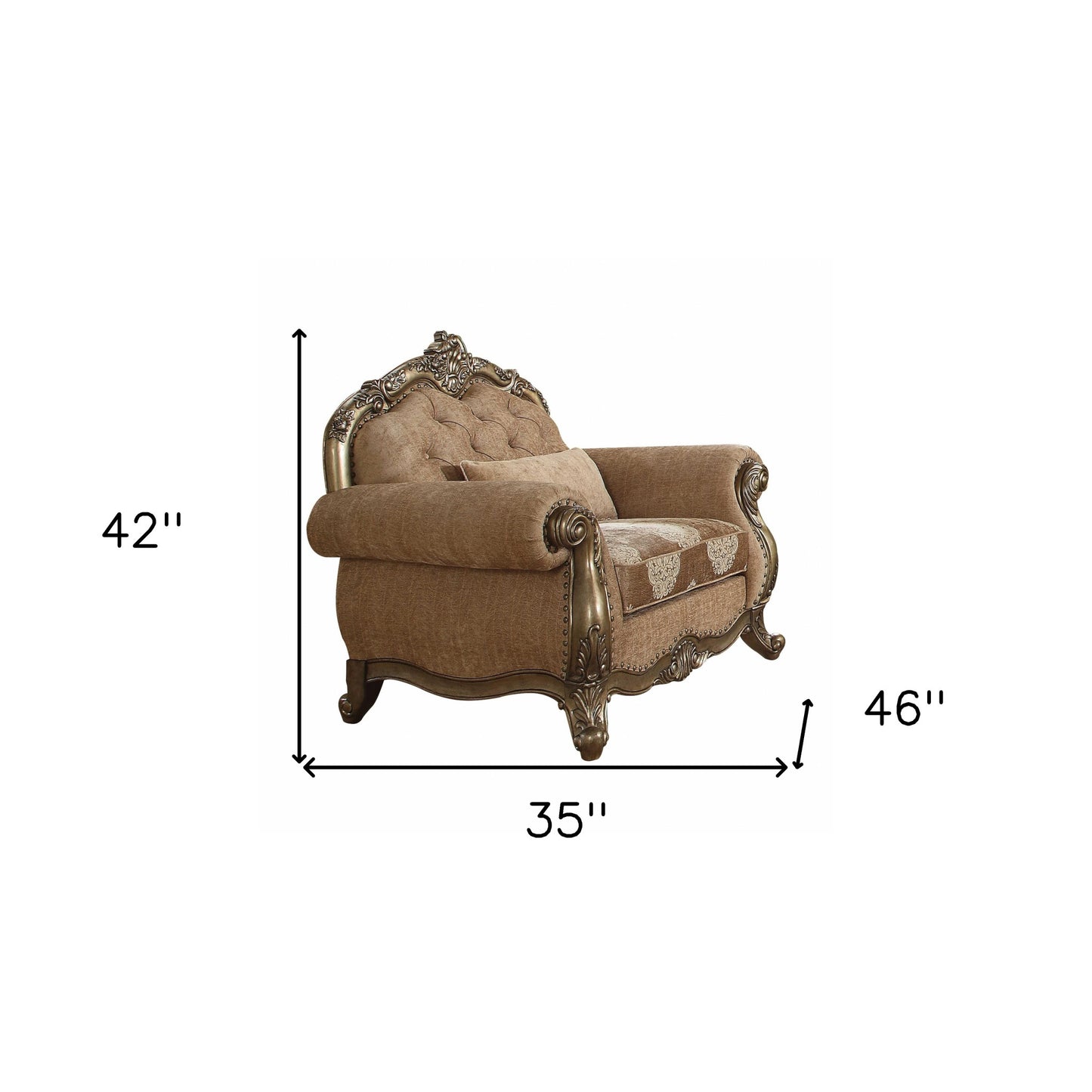 35" Brown and Champagne Linen Damask Tufted Arm Chair and Toss Pillow