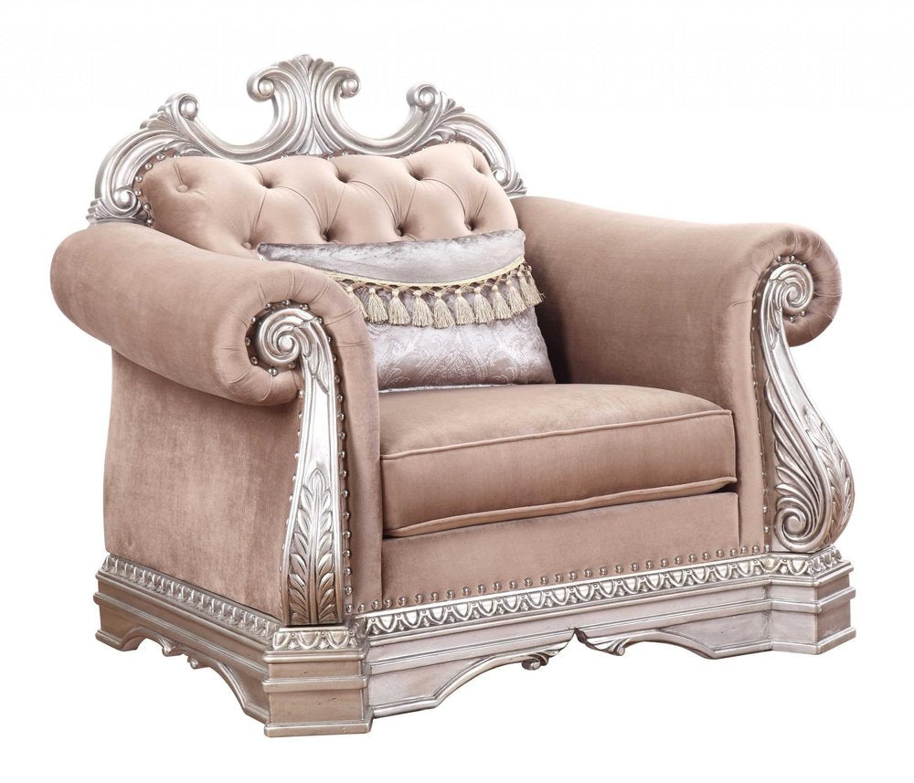 42" Cherry Blossom Pink Tufted Velvet and Wood Arm Chair And Toss Pillow HomeRoots