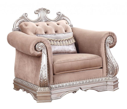 42" Cherry Blossom Pink Tufted Velvet and Wood Arm Chair And Toss Pillow HomeRoots