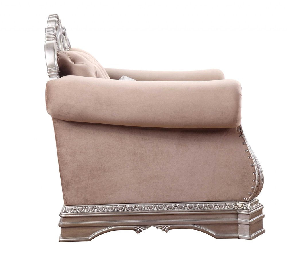 42" Cherry Blossom Pink Tufted Velvet and Wood Arm Chair And Toss Pillow HomeRoots