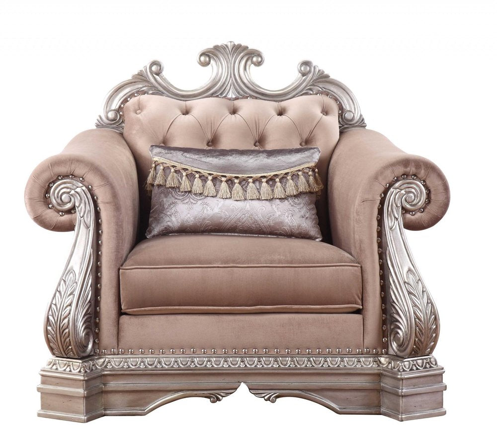 42" Cherry Blossom Pink Tufted Velvet and Wood Arm Chair And Toss Pillow HomeRoots
