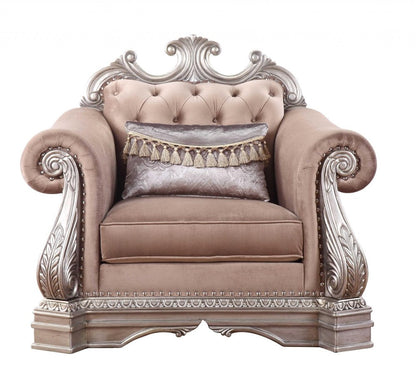 42" Cherry Blossom Pink Tufted Velvet and Wood Arm Chair And Toss Pillow HomeRoots