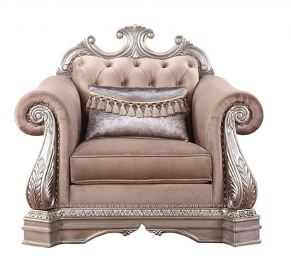 42" Cherry Blossom Pink and Silver Velvet Tufted Arm Chair And Toss Pillow HomeRoots