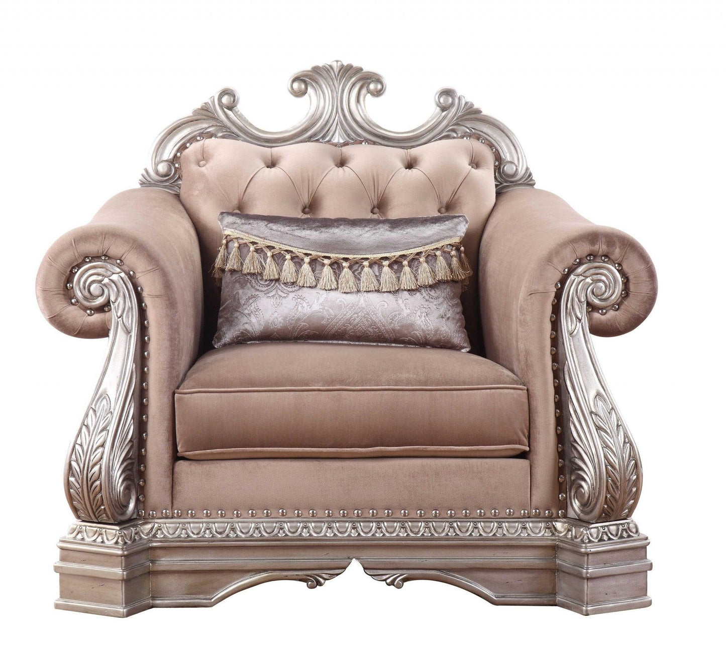 42" Cherry Blossom Pink And Gray Velvet Tufted Chesterfield Chair - FurniFindUSA