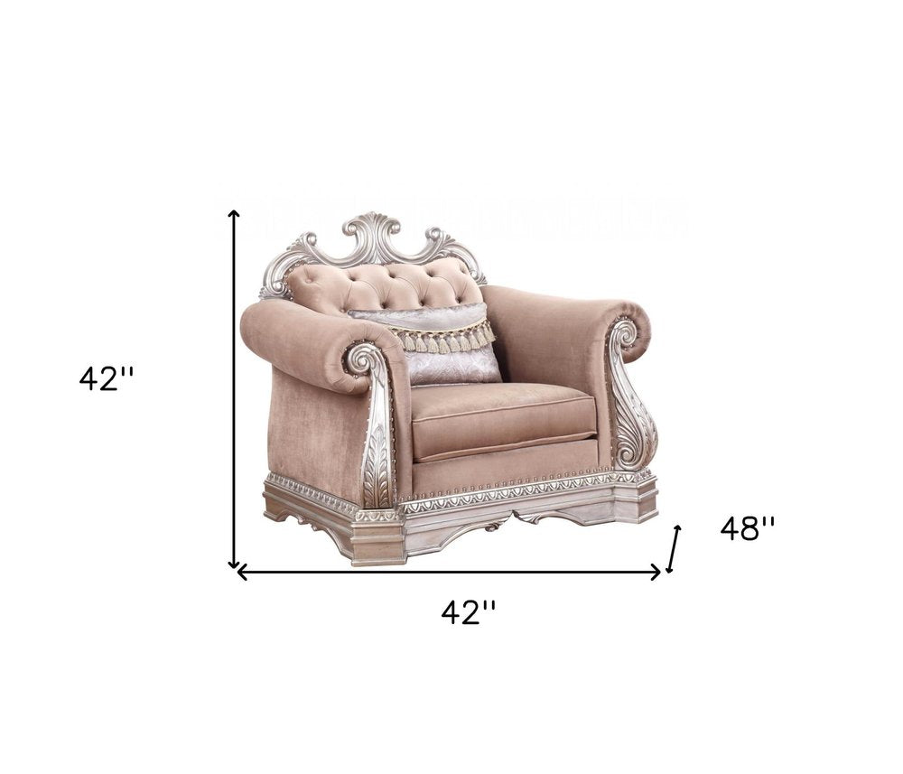 42" Cherry Blossom Pink Tufted Velvet and Wood Arm Chair And Toss Pillow HomeRoots