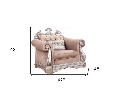 42" Cherry Blossom Pink Tufted Velvet and Wood Arm Chair And Toss Pillow HomeRoots