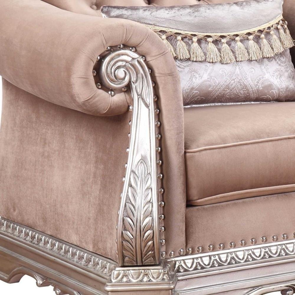 42" Cherry Blossom Pink Tufted Velvet and Wood Arm Chair And Toss Pillow HomeRoots