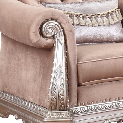 42" Cherry Blossom Pink Tufted Velvet and Wood Arm Chair And Toss Pillow HomeRoots