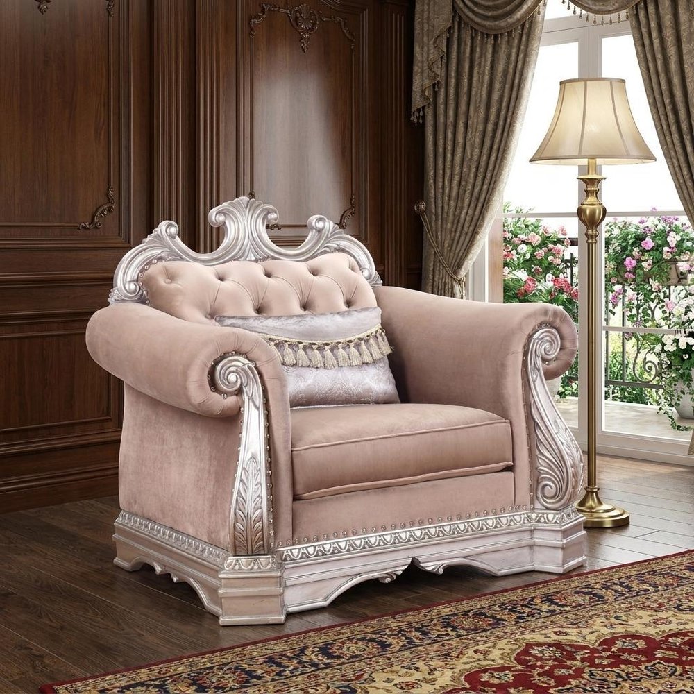 42" Cherry Blossom Pink Tufted Velvet and Wood Arm Chair And Toss Pillow HomeRoots