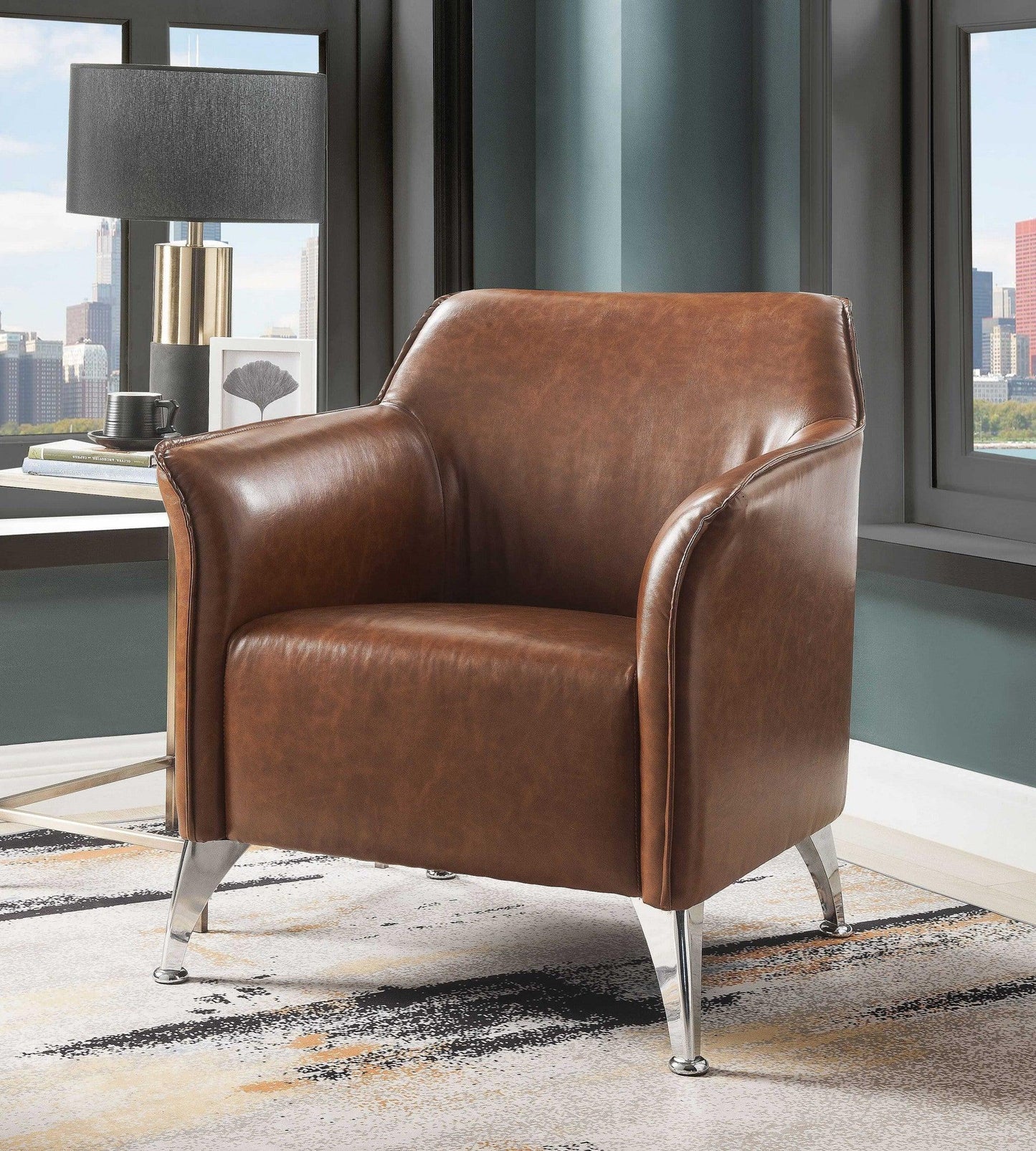 31" Brown And Silver Faux Leather Arm Chair - FurniFindUSA