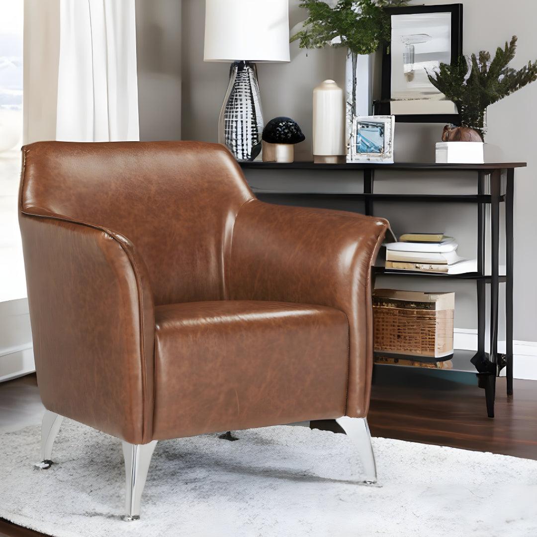 31" Brown And Silver Faux Leather Arm Chair - FurniFindUSA