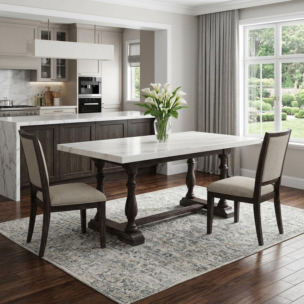 72" White and Gray Marble And Solid Wood Trestle Base Dining Table HomeRoots