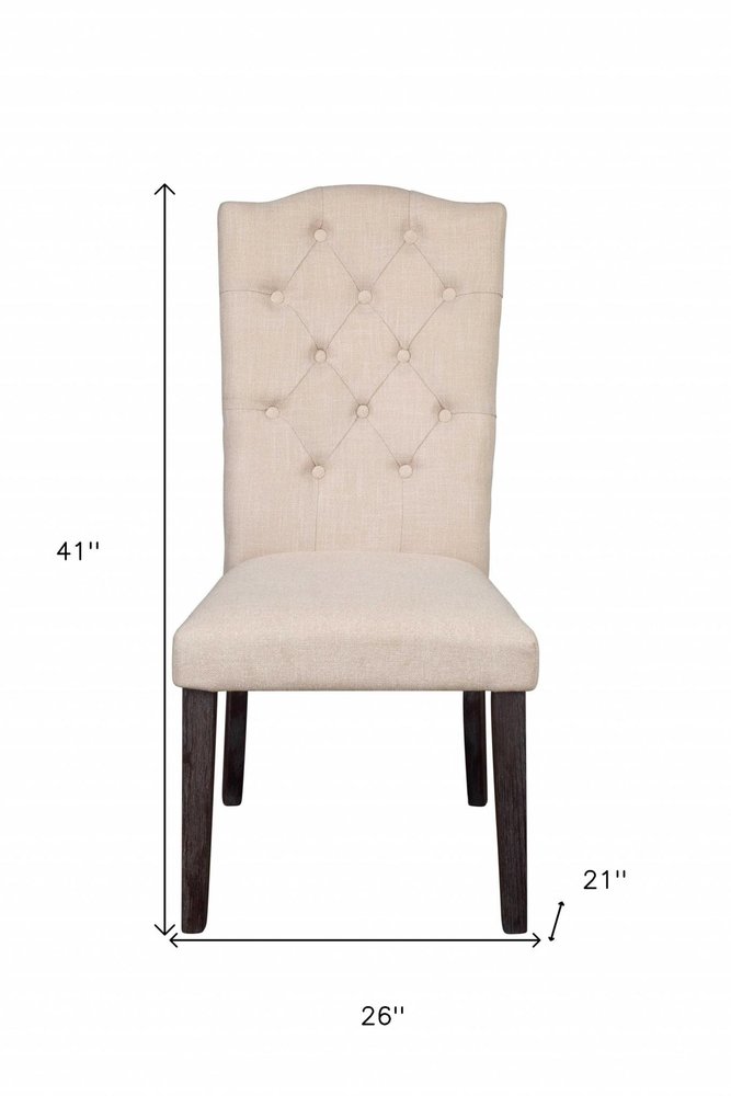 Set of Two Tufted Beige and Espresso Upholstered Linen Dining Side Chairs HomeRoots