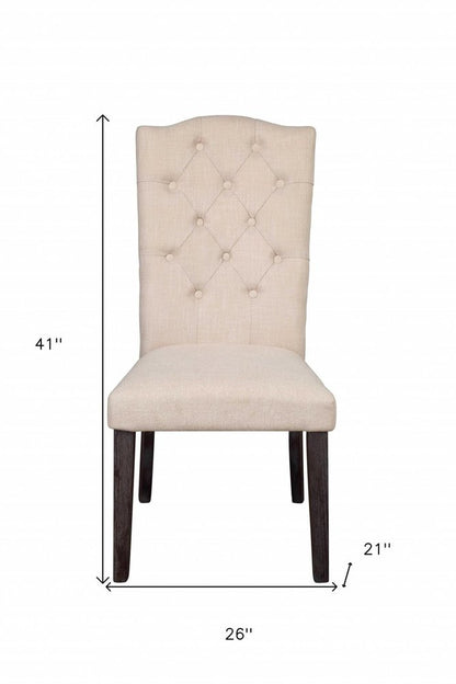 Set of Two Tufted Beige and Espresso Upholstered Linen Dining Side Chairs HomeRoots