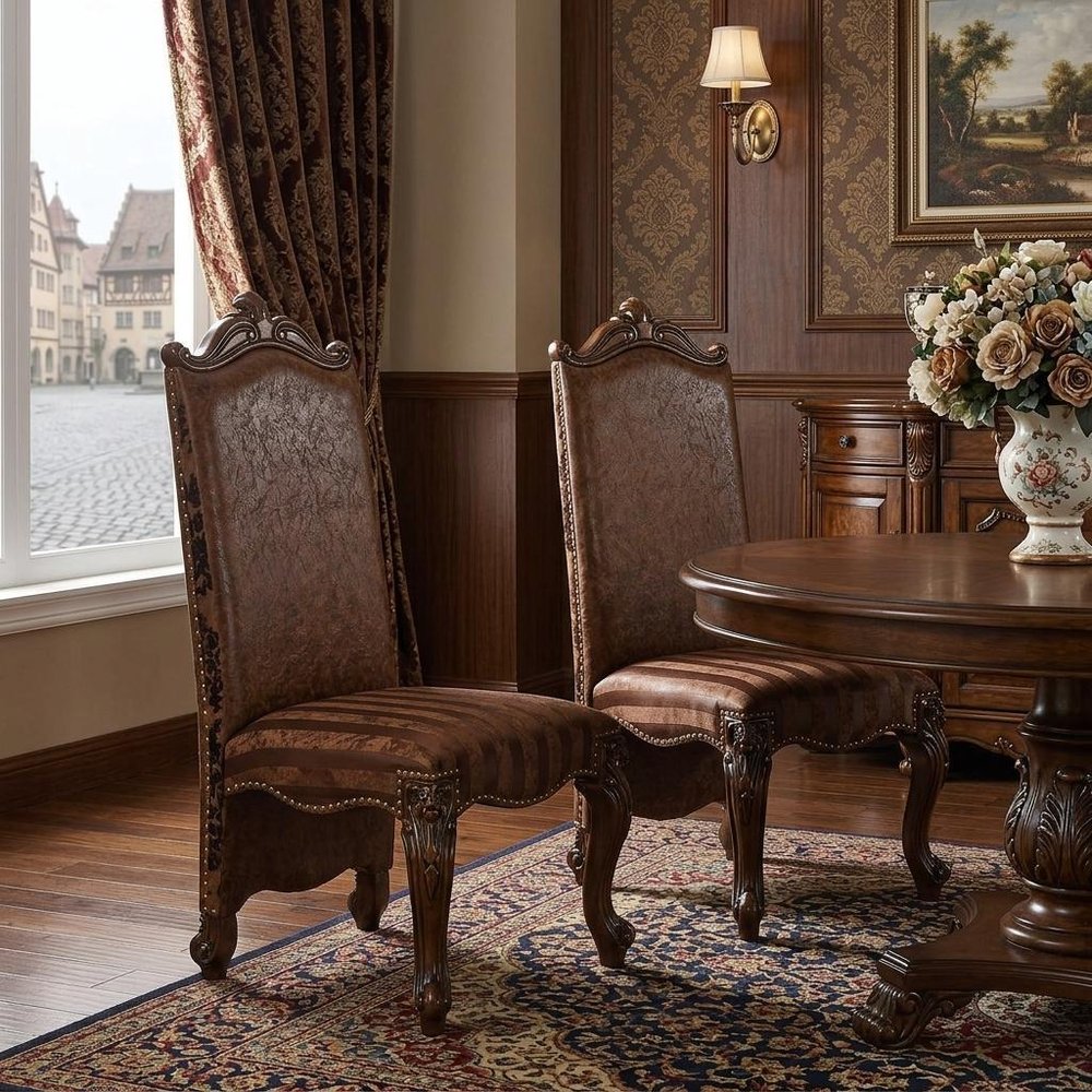 Set of Two Brown Upholstered Faux Leather Queen Anne Back Dining Side Chairs HomeRoots