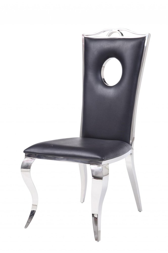 Set of Two Black And Silver Upholstered Faux Leather Dining Side Chairs HomeRoots