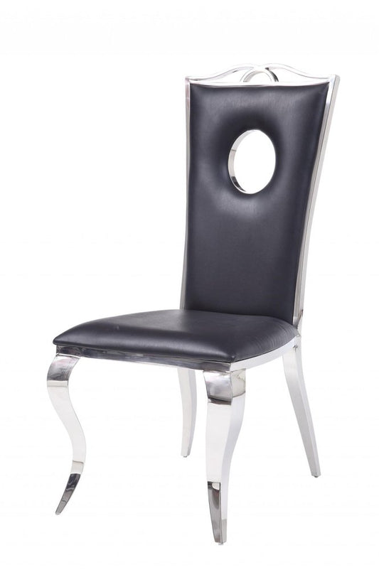Set of Two Black And Silver Upholstered Faux Leather Dining Side Chairs HomeRoots