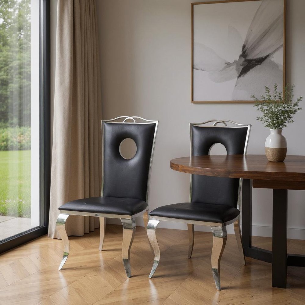 Set of Two Black And Silver Upholstered Faux Leather Dining Side Chairs HomeRoots