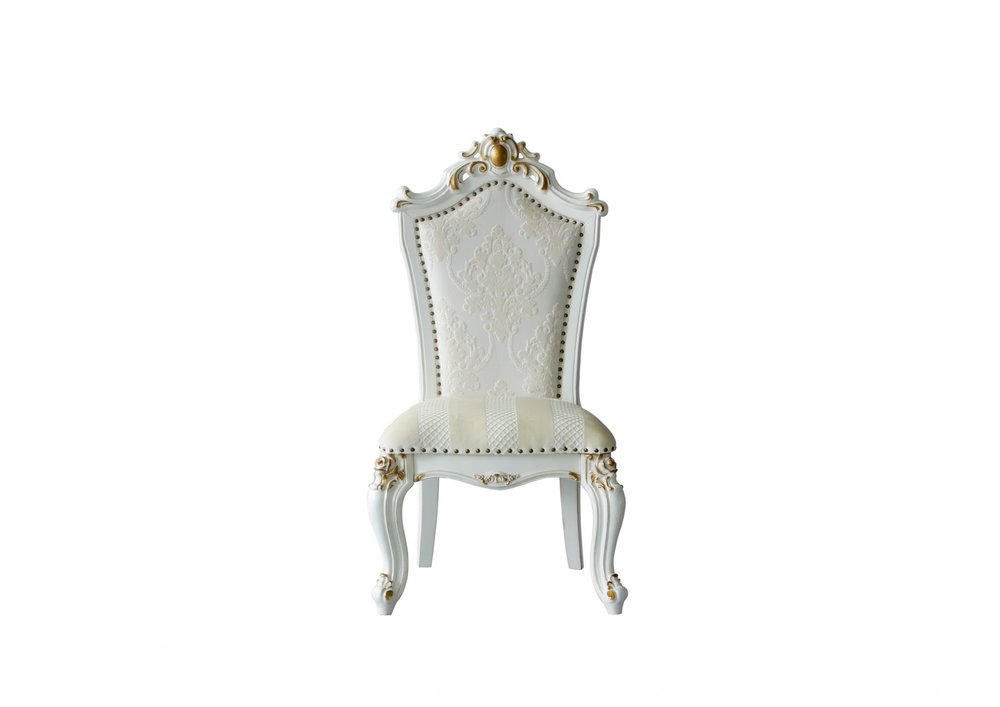 Set of Two 27" Beige and White Faux Leather Damask Side Chair HomeRoots